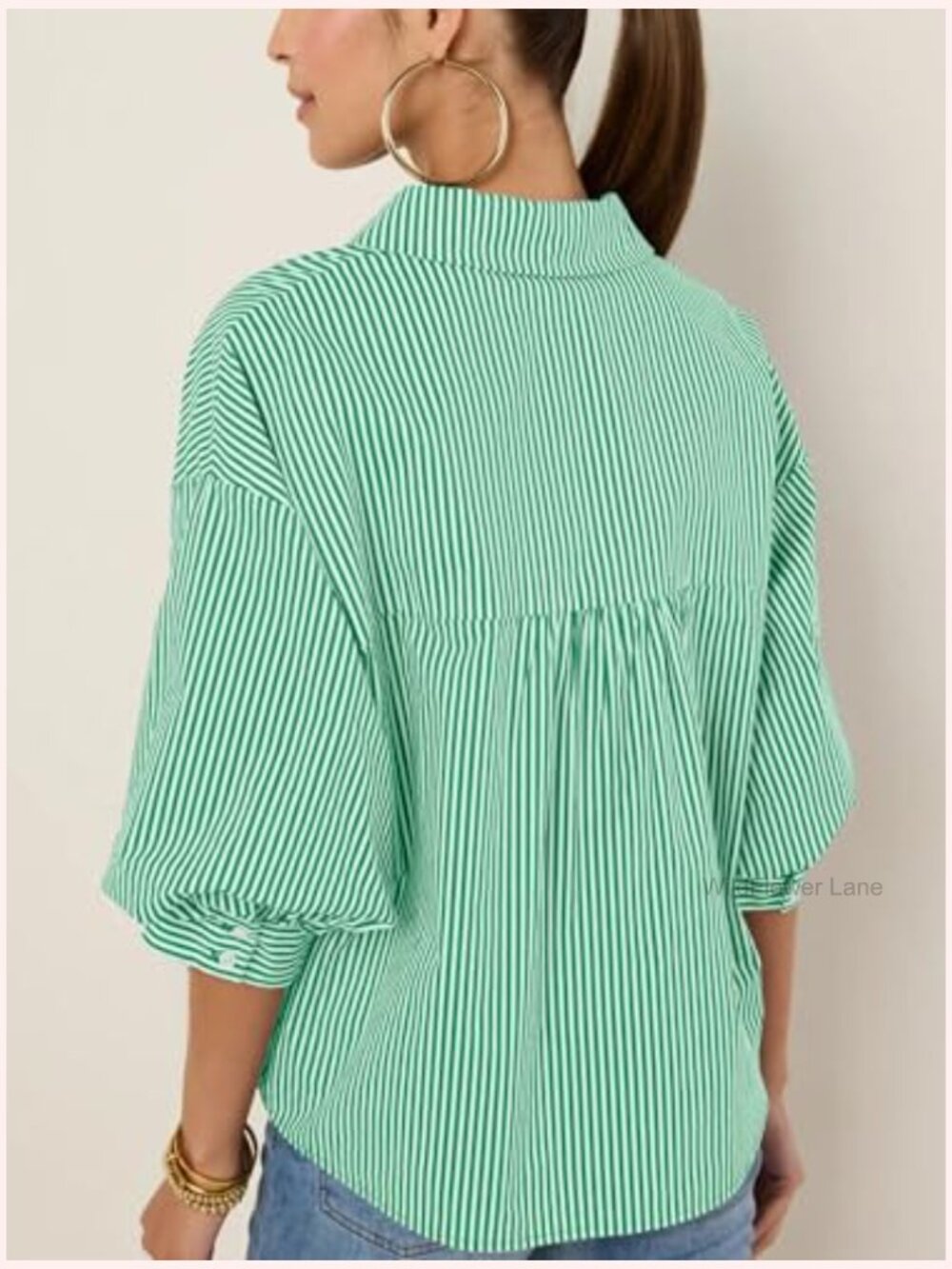 Women's Striped Button Down Shirt 3/4 Puff Sleeve V Neck Blouse - Picture 5 of 7